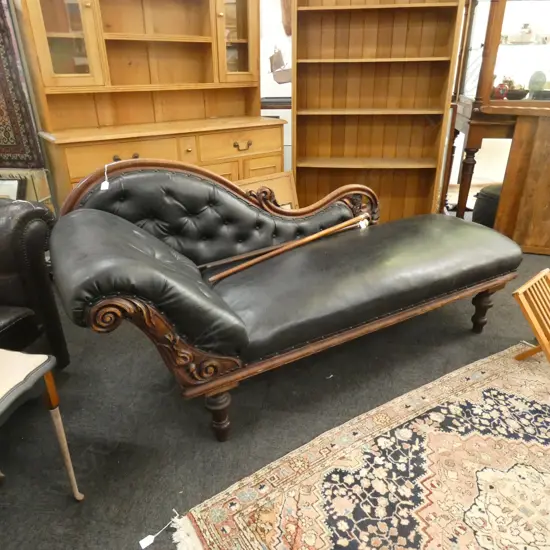 VICTORIAN CHAISE LOUNGE BLACK VINYL UPHOLSTERY