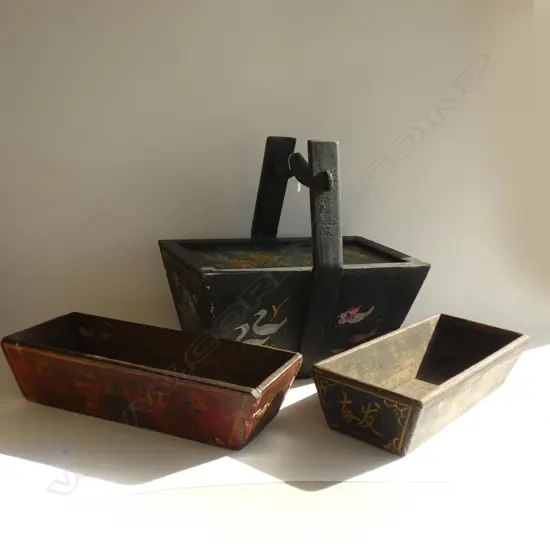 3 CHINESE PAINTED WOODEN BASKET & TROUGHS