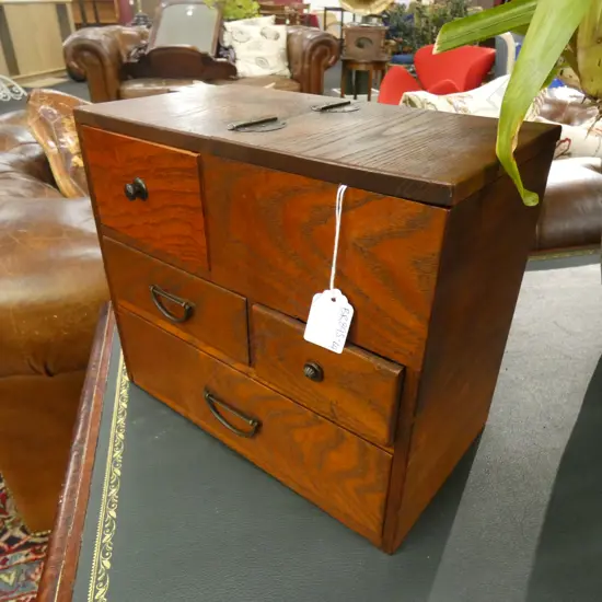 VINTAGE JAPANESE ‘HARI-BAKO’ SEWING BOX - TOP HINGED TRAY & DRAWERS- DARK WOOD STAIN  300 X 170 X 260MM