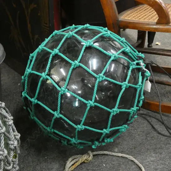 OLD GLASS LARGE FISHING FLOAT WITH GREEN NETTING 390mm dia