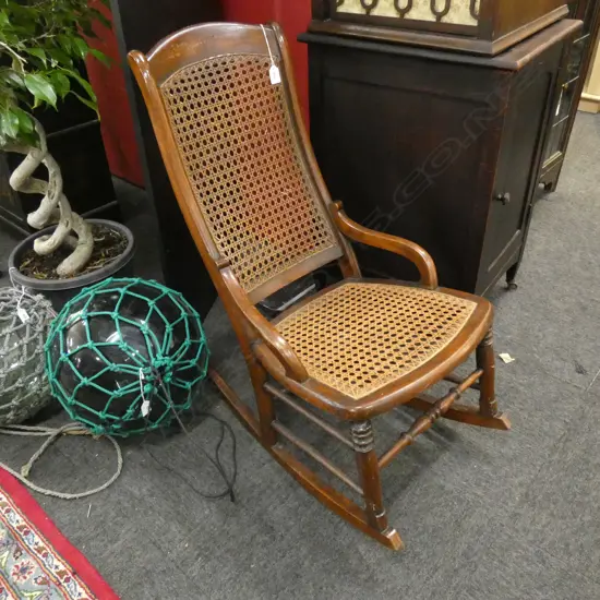 OLD WOODEN ROCKER - RATTAN SEAT & BACK