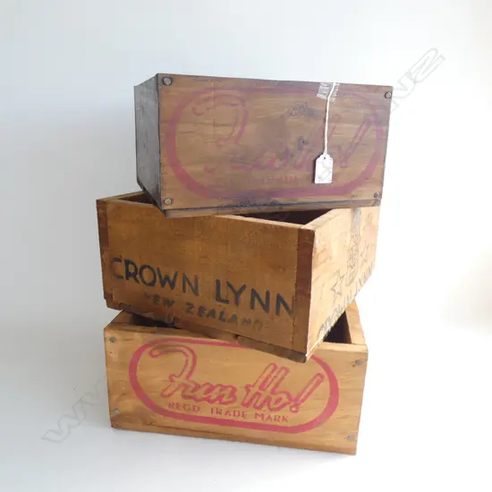 3 WOODEN CRATES; 1 STAMPED CROWN LYNN / 2 STAMPED FUN HO LARGEST  330 X 310MM