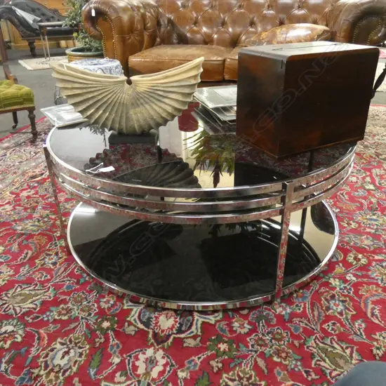 ART DECO STYLE COFFEE TABLE; CHROME & BLACK GLASS 1000mm dia