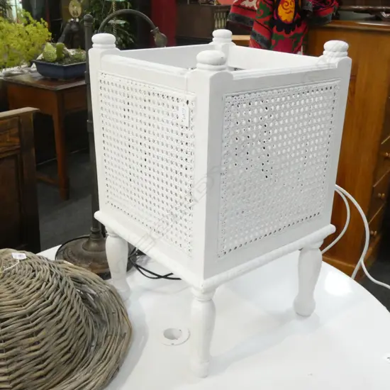 WHITE PAINTED WOOD & RATTAN FLOOR POT PLANT STAND 340 SQ X 580MM 