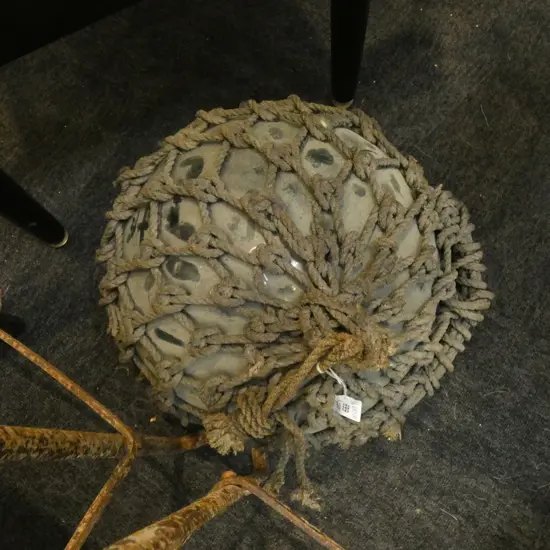 OLD GLASS FISHING FLOAT w. NETTING 300mm dia