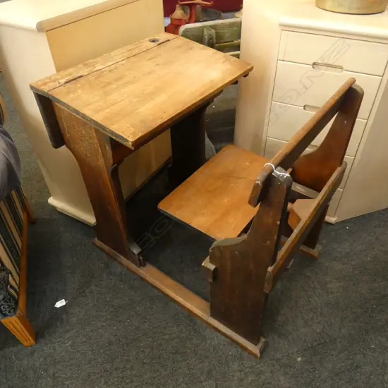 OLD SCHOOL WOODEN DESK WITH ATTACHED SEAT 