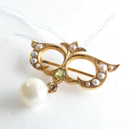(19190)EDW 15CT GOLD PEARL PERIDOT PENDANT/BROOCH
