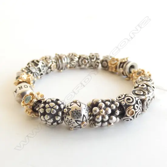  PANDORA BRACELET WITH SILVER AND GOLD CHARMS