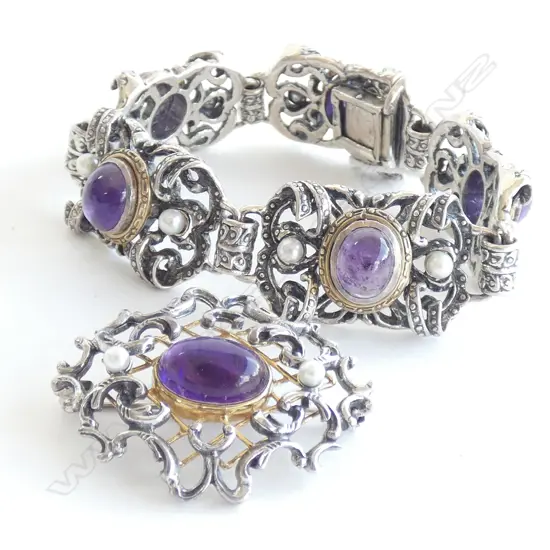 HAND MADE ART NOUVEAU 800 SILVER & PURPLE AMETHYST BRACELET & 925 BROOCH SET