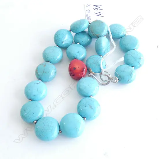 TURQUOISE FORMED BEADED NECKLACE STG SILVER CLASP 