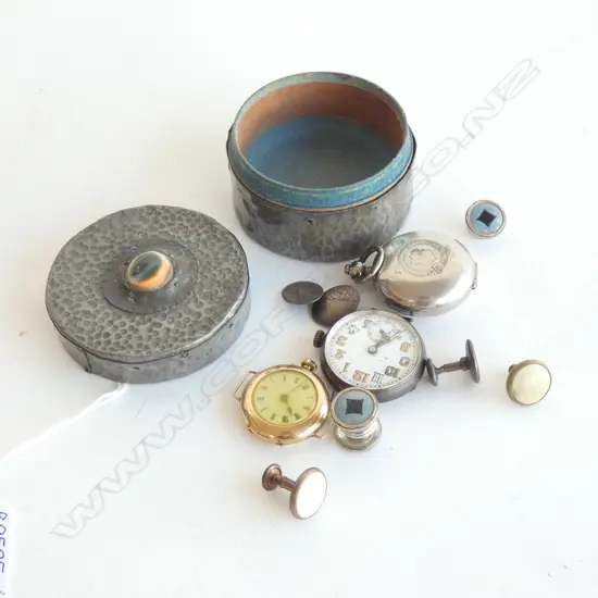 PEWTER BOX WITH CATS EYE (DIA 65MM) & CONTENTS INCL. WATCH FACES; CUFFLINKS ETC