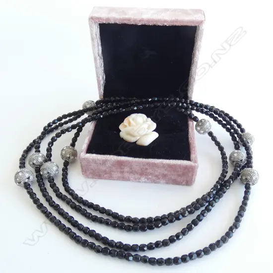 FRENCH GLASS AND PASTE NECKLACE AND CORAL BROOCH