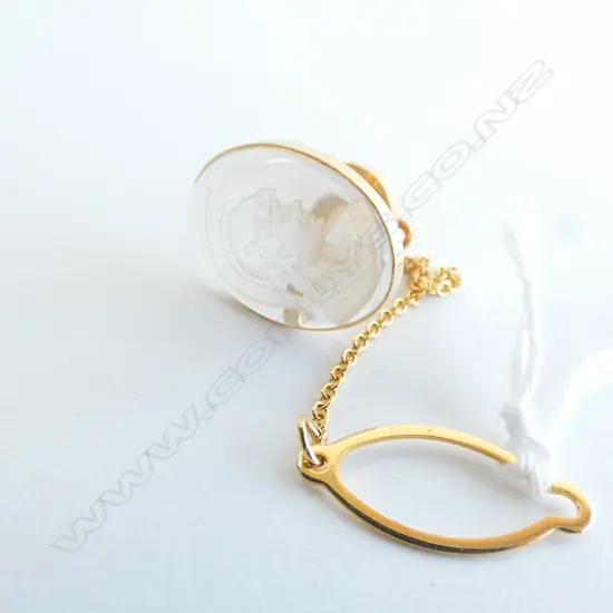 18CT GOLD AND STAINLESS STEEL CRYSTAL CAMEO TIE PIN (VALUATION)