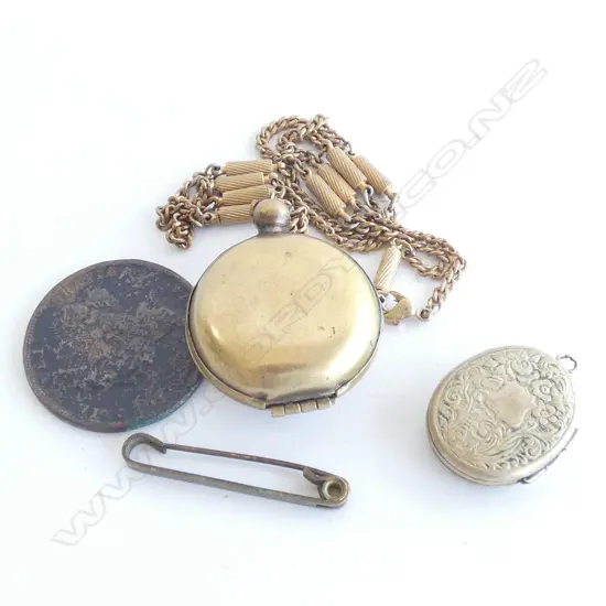 GOLD VESTA & CHAIN / ENAMELLED LOCKET PENDANT/ OLD COIN & GOLD BAR PIN