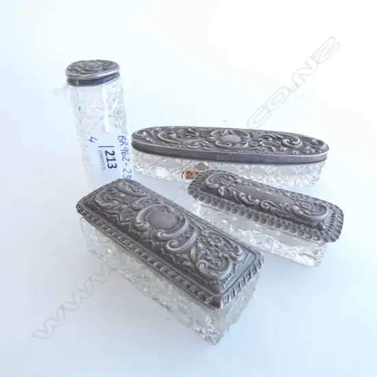 4 STG SILVER LIDDED CUT GLASS DRESSING TABLE JARS/LIDDED CONTAINERS  LARGEST L 135MM 