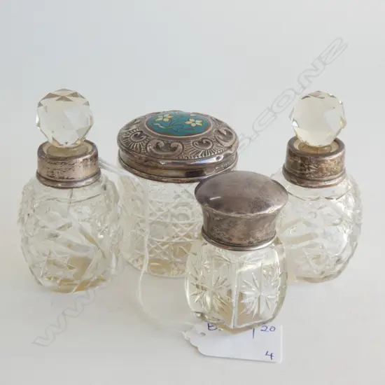 4 STG SILVER TOPPED CRYSTAL BOTTLES H.