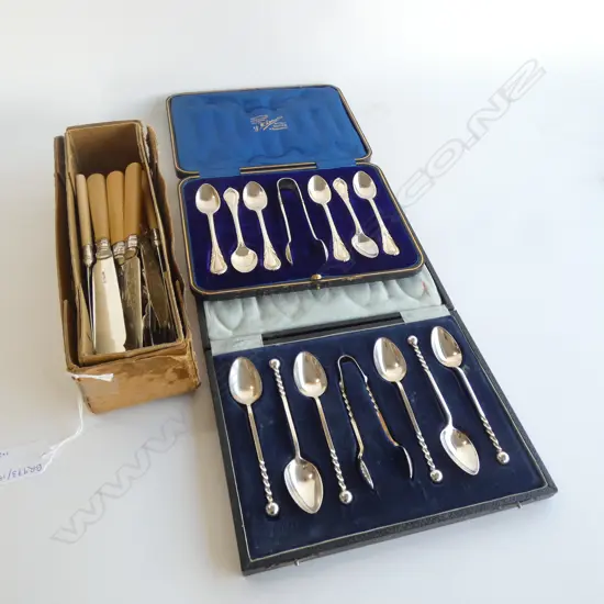 SET OF 12 'BONE' HANDLED FISH KNIVES + 2 CASED SPOON SETS
