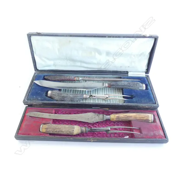 2 FAUX ANTLER HANDLE CARVING SETS, CASED 