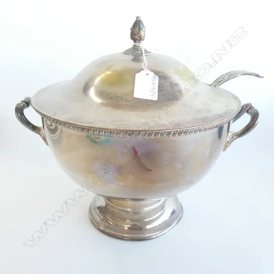 SILVER OVER COPPER LIDDED TUREEN w. LADLE 250mm dia