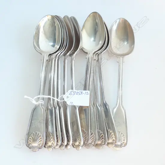 QUALITY SET 12 C1900 S/PLATE TABLE SPOONS FIDDLE & SHELL