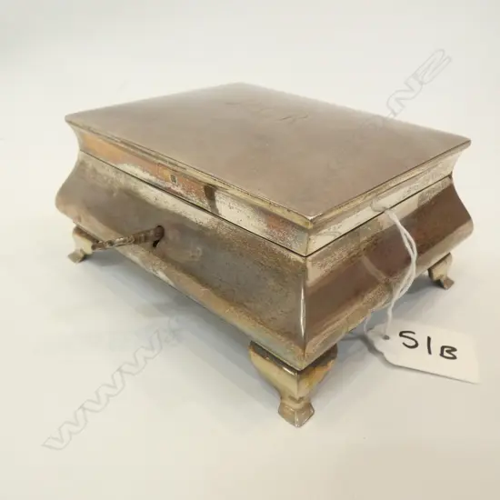 OLD ENGRAVED STG SILVER LIDDED BOX w. KEY 130 X 100MM