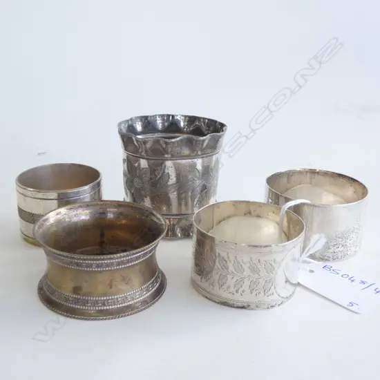 5 NAPKIN RINGS; 2 STG SILVER 43 GRAMS 