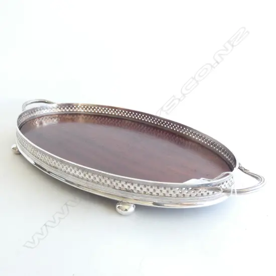 SILVER PLATE & MAHOGANY GALLERY TRAY L.380mm