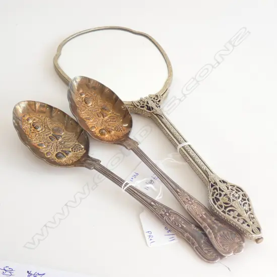 PR SILVER PLATE BERRY SPOONS + HAND MIRROR AF