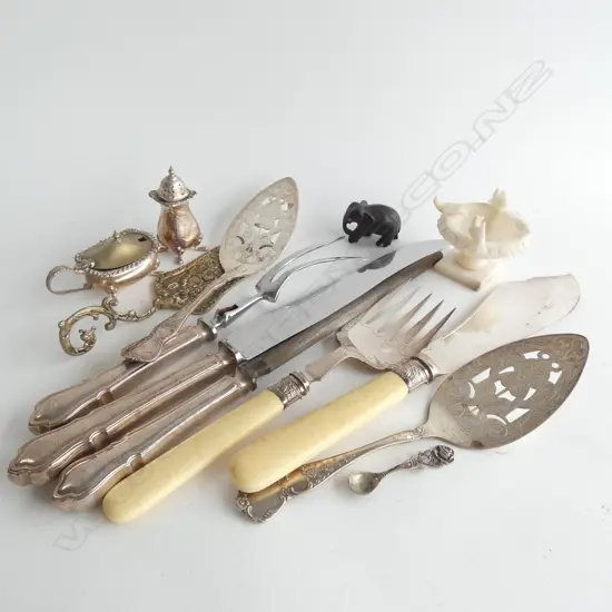 ASST LOT EP CONDIMENTS/FISH AND CARVING SETS/ ALABASTER BIRD BATH