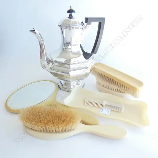 6 PCE FAUX IVORY 1920S DRESSING SET + EP COFFEEPOT