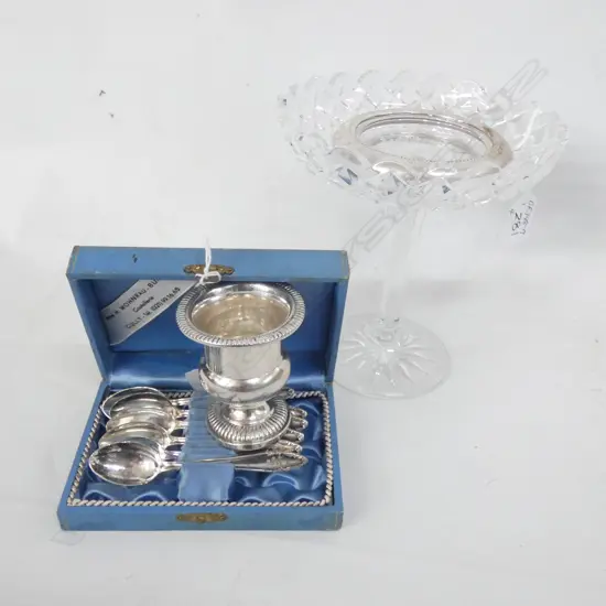 4 ITEMS CRYSTAL & SILVER. & S/PLATE. COMPOTE ETC 