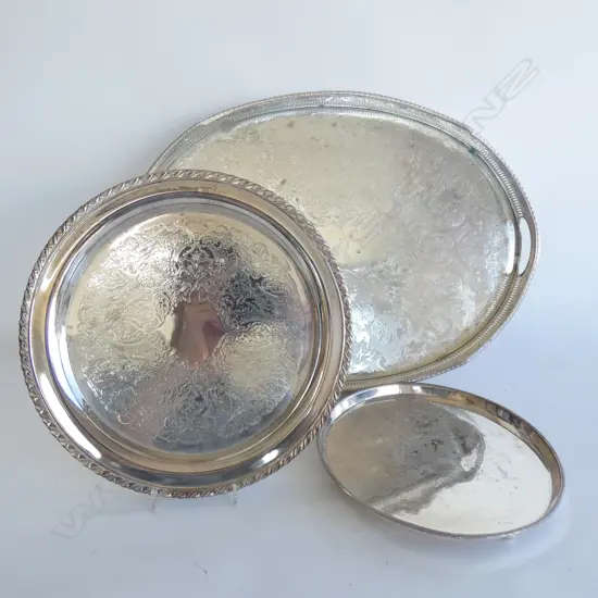3 SILVER PLATE TRAYS; OVAL L.515mm & 2 ROUND 315mm dia (ONE OSP)