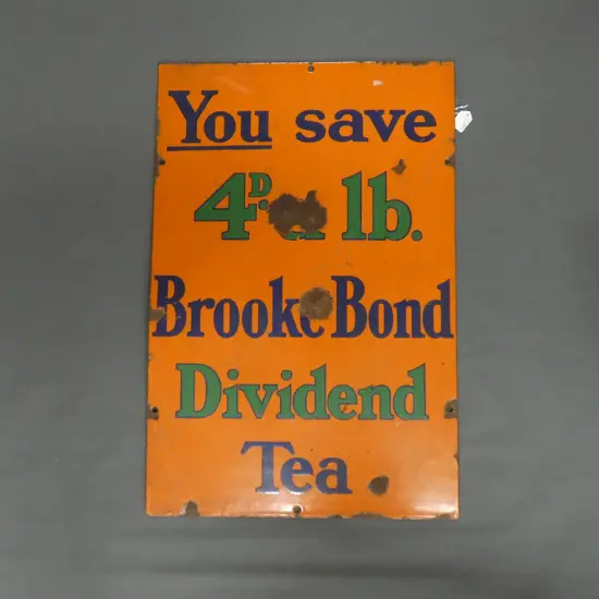 VINTAGE ENAMEL ADVERTISING SIGN 'BROOKE BOND DIVIDEND TEA' 765 X 505MM