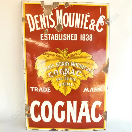 VINTAGE ENAMEL ADVERTISING SIGN, DENIS MOUNIE AND CO. COGNAC 815 X 530MM