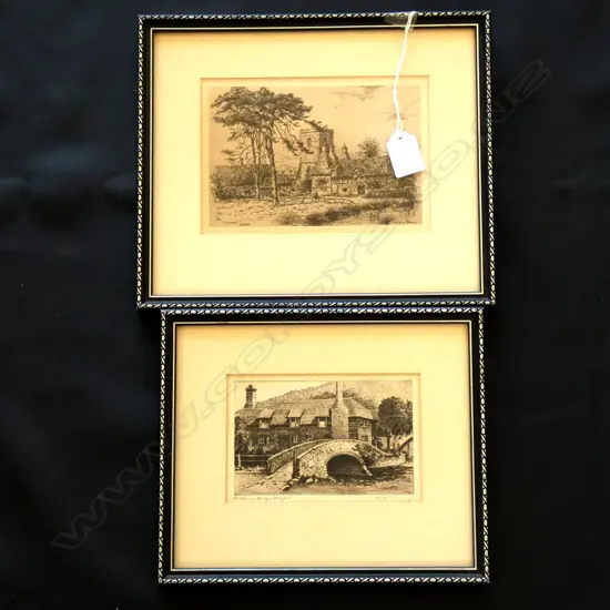 PR OLD FRAMED SIGNED LITHOGRAPHS 'VILLAGE GREEN' & 'PARKHOUSE BRIDGE'  180 X 125MM