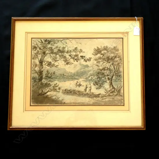 THOMAS SUNDERLAND 'LANGDALE PIKES SEEN ACROSS LAKE WINDERMERE' FRAMED 18thC W/C 270x370mm