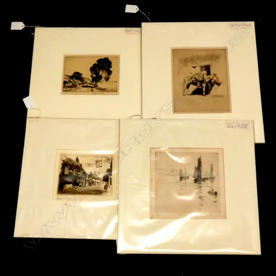 4 MOUNTED U/F ETCHINGS SIGNED in PENCIL by HAROLD B HERBERT, MORTIMER MENPES, ROBERT HOUSTON, EDWARD C CHERRY. 