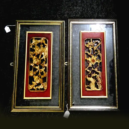 2 OLD CHINESE CARVED GILT WOOD PANELS, FRAMED 375x150mm
