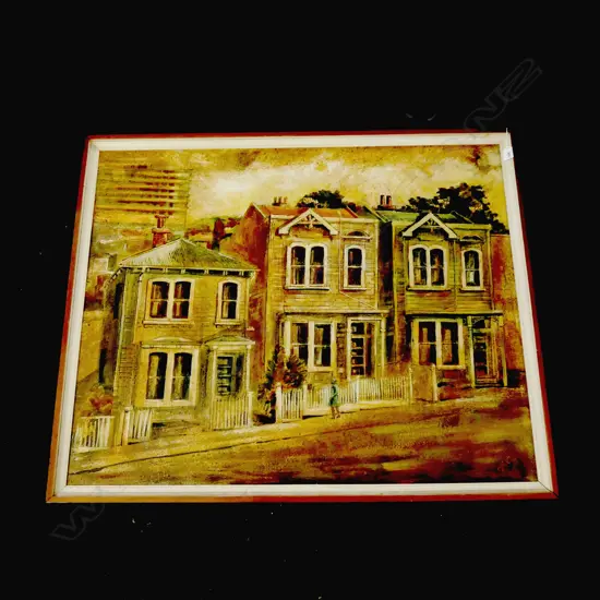 KEN VIRTUE? 'HOUSES MARION STREET WELLINGTON 1954' OIL ON BOARD 805x1010mm