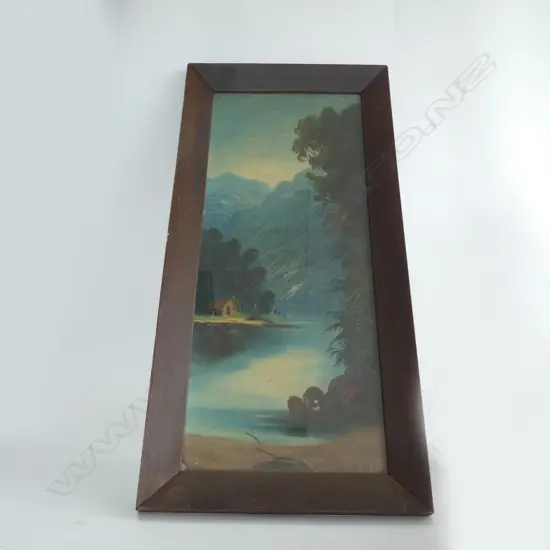 COLONIAL OIL, RIVER LANDSCAPE w. HUT SIGNED 'B. HAV' 590x240mm 