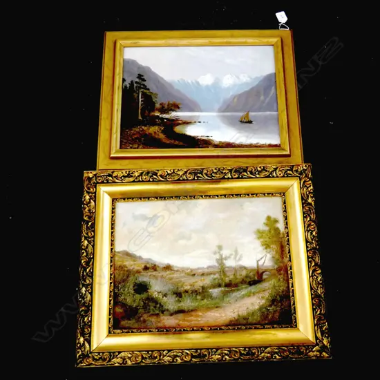 2 UNSIGNED EARLY 20thC LANDSCAPE OILS - GOLD FRAMES 295x395mm