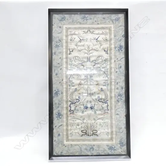 PR 19thC 'BLIND-STITCH' EMBROIDERED MANDARIN'S ROBE CUFFS - FRAMED 645x335mm 