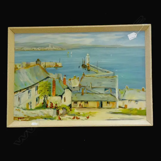 B WOOLLAMS, CORNISH FISHING VILLAGE, OIL ON BOARD.  365 x 540mm