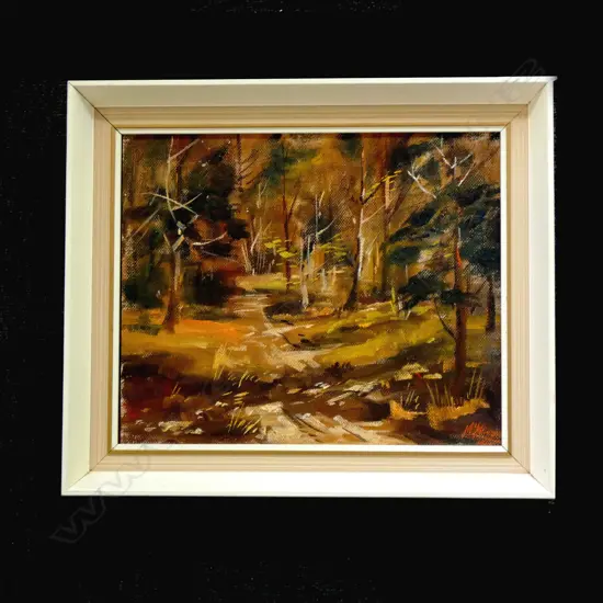 CHARLES MCKENZIE, 'SUNLIT TREES' (LAKE WAKATIPU), OIL ON BOARD, SIGNED & DATED 1966. 240 X 295mm