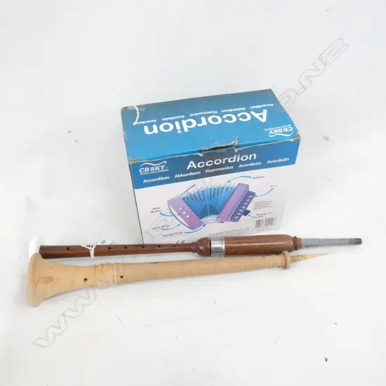 SM ACCORDION (IN BOX) + 2 OLD WOOD INSTRUMENTS 