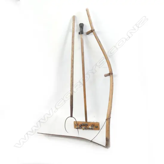OLD WOODEN SCYTHE + PITCHFORK + SHAKING STICK w. BEER LIDS
