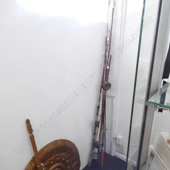3 OLD WOODEN / CANE FISHING RODS WITH REELS + 1 EXTRA REEL