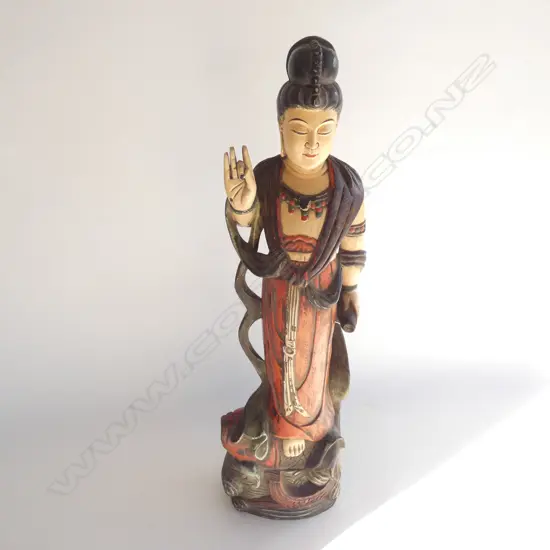 CARVED WOOD KANNON FIGURE H617MM
