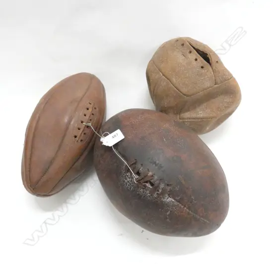 2 OLD LEATHER RUGBY BALLS; 1 ATTRIBUTED AUST V NZ 2ND TEST 1959 GAME BALL 