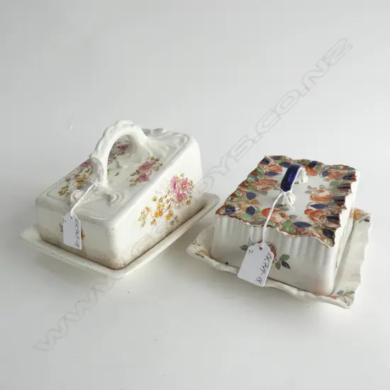 2 C1900 PORCELAIN CHEESE DISHES FLORAL DECORATED